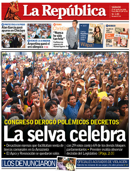 Portada del diario "La República" del 23 de agosto del 2008